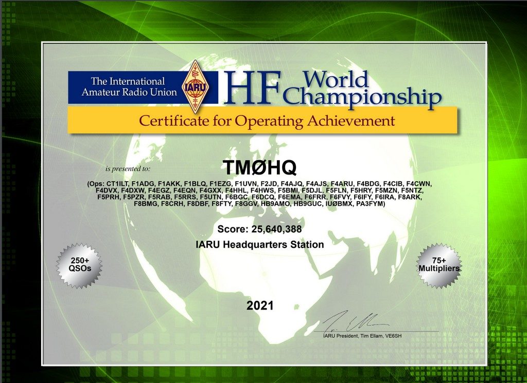 IARU HF 2021 - Certificate TM0HQ - 1st place World